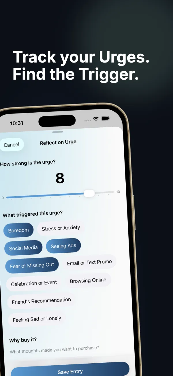 Urge journal with emotion intensity sliders and trigger selection