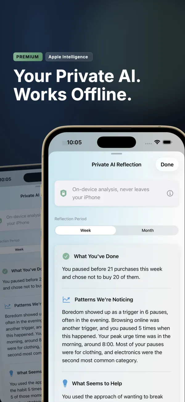 Private AI Reflection showing on-device Apple Intelligence analysis
