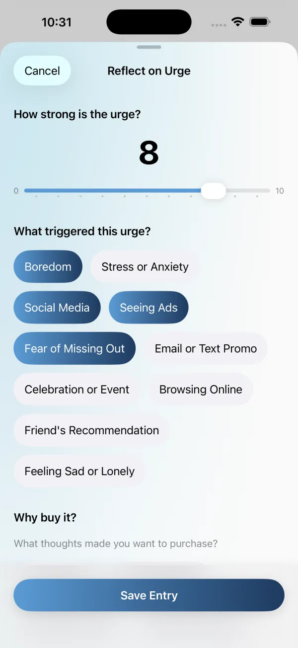 Urge journal with emotion intensity sliders and trigger selection