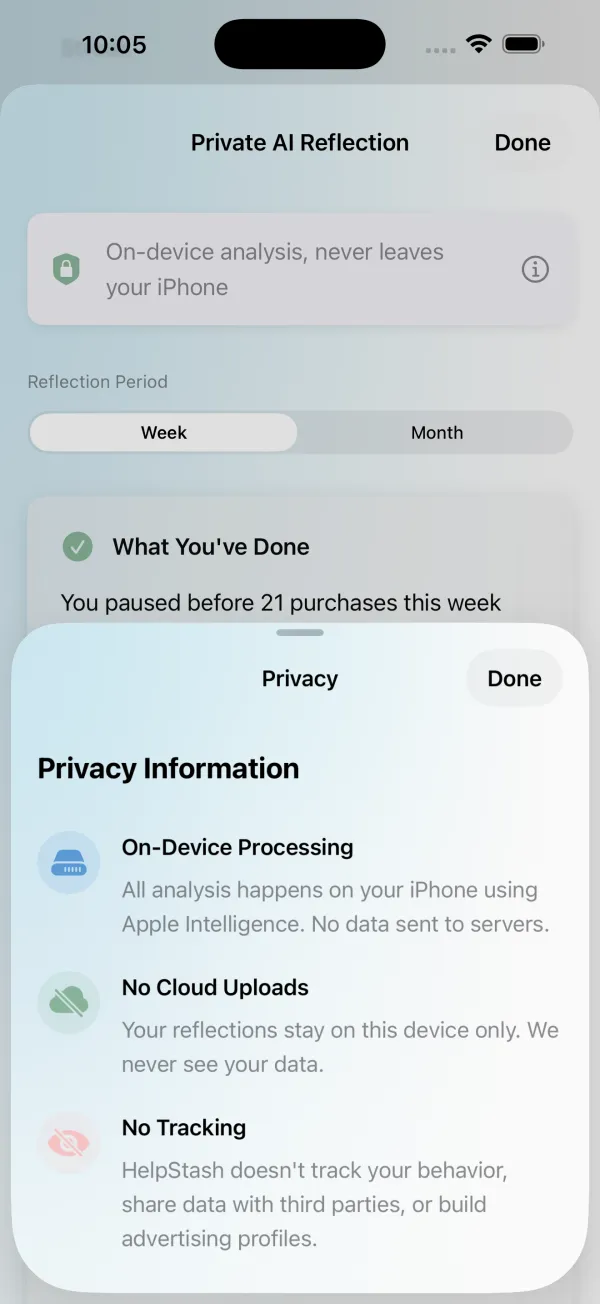Privacy information sheet showing on-device processing