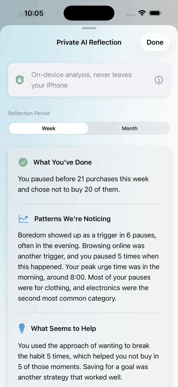 Private AI Reflection showing on-device Apple Intelligence analysis